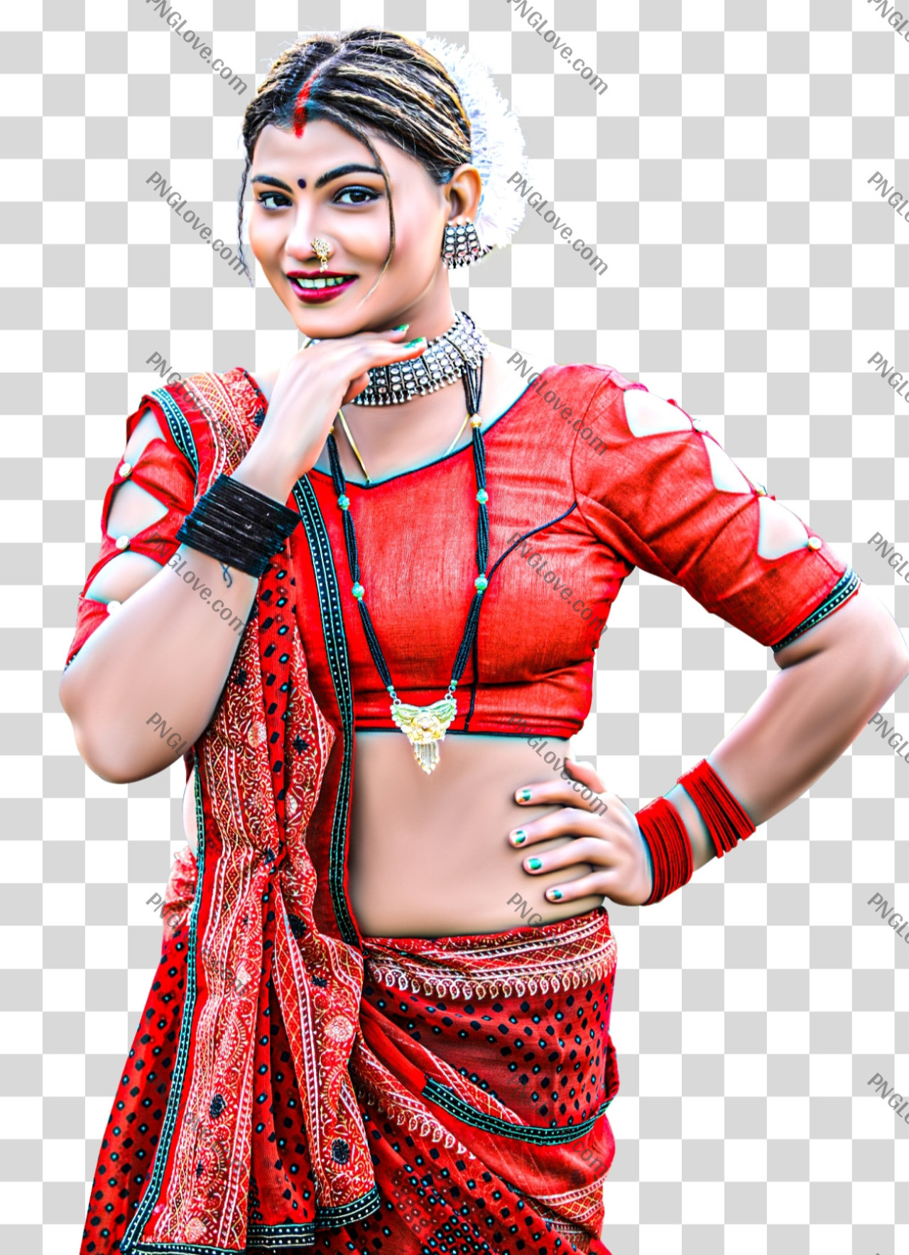 Smiling Indian Woman in Red Traditional Saree Transparent PNG