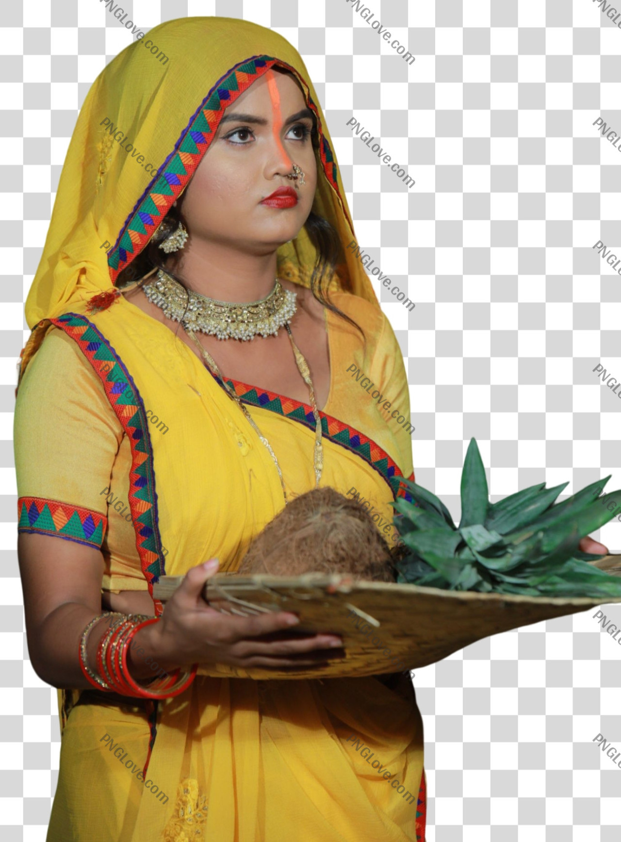 Chhath Varti Woman in Yellow Saree Transparent PNG