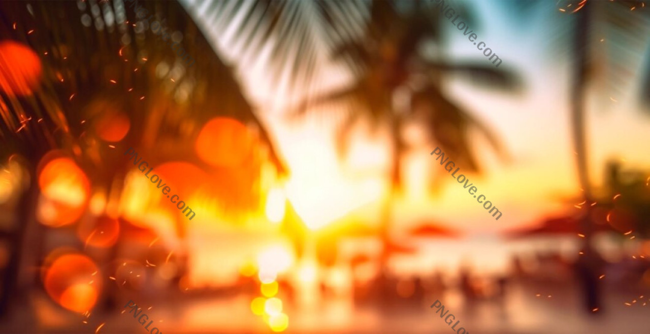 Dreamy Tropical Beach Sunset Image with Golden Bokeh Lights...