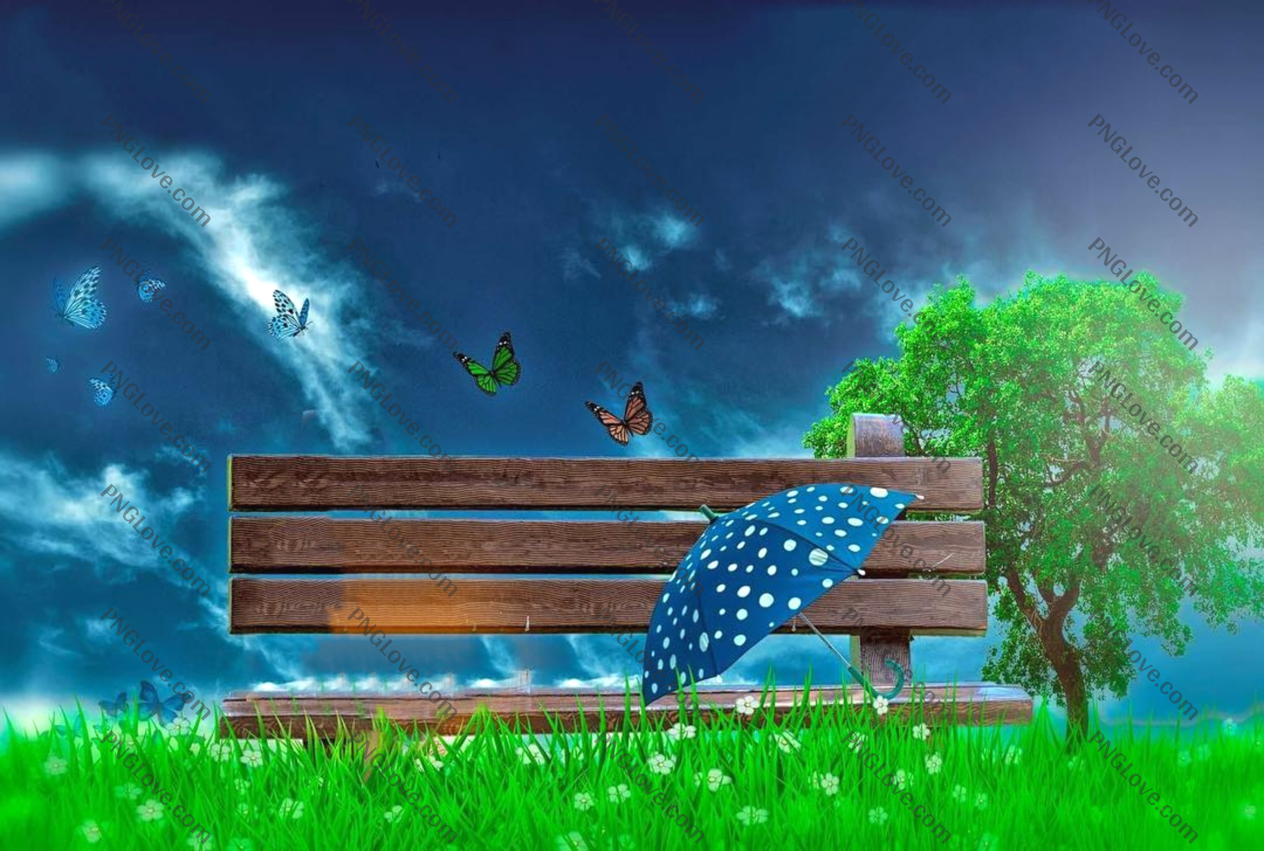 Dreamy Park Bench Background | Serene Nature with Butterflies