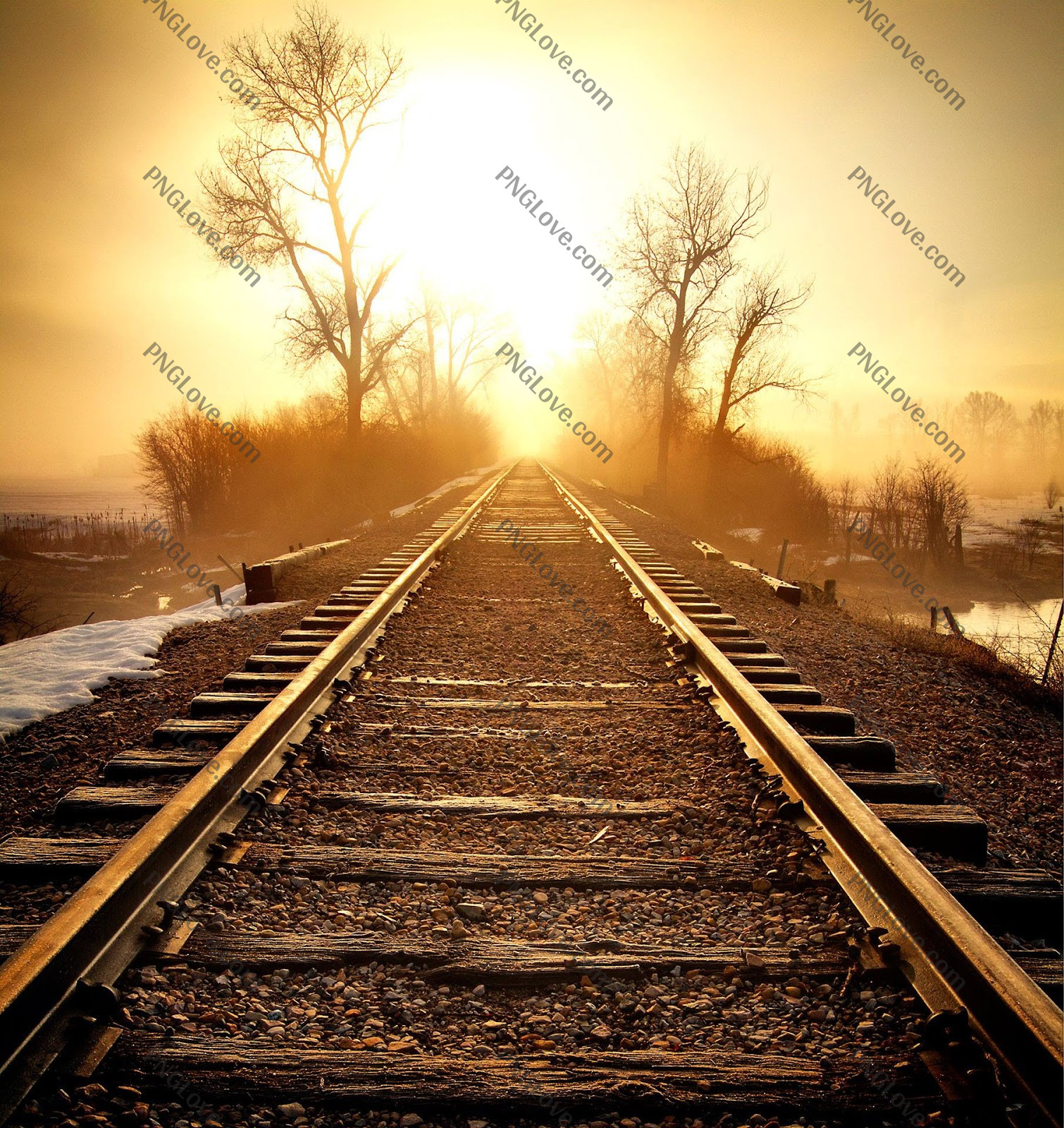 Railroad Tracks into Golden Sunrise | Misty Landscape Wallpaper...