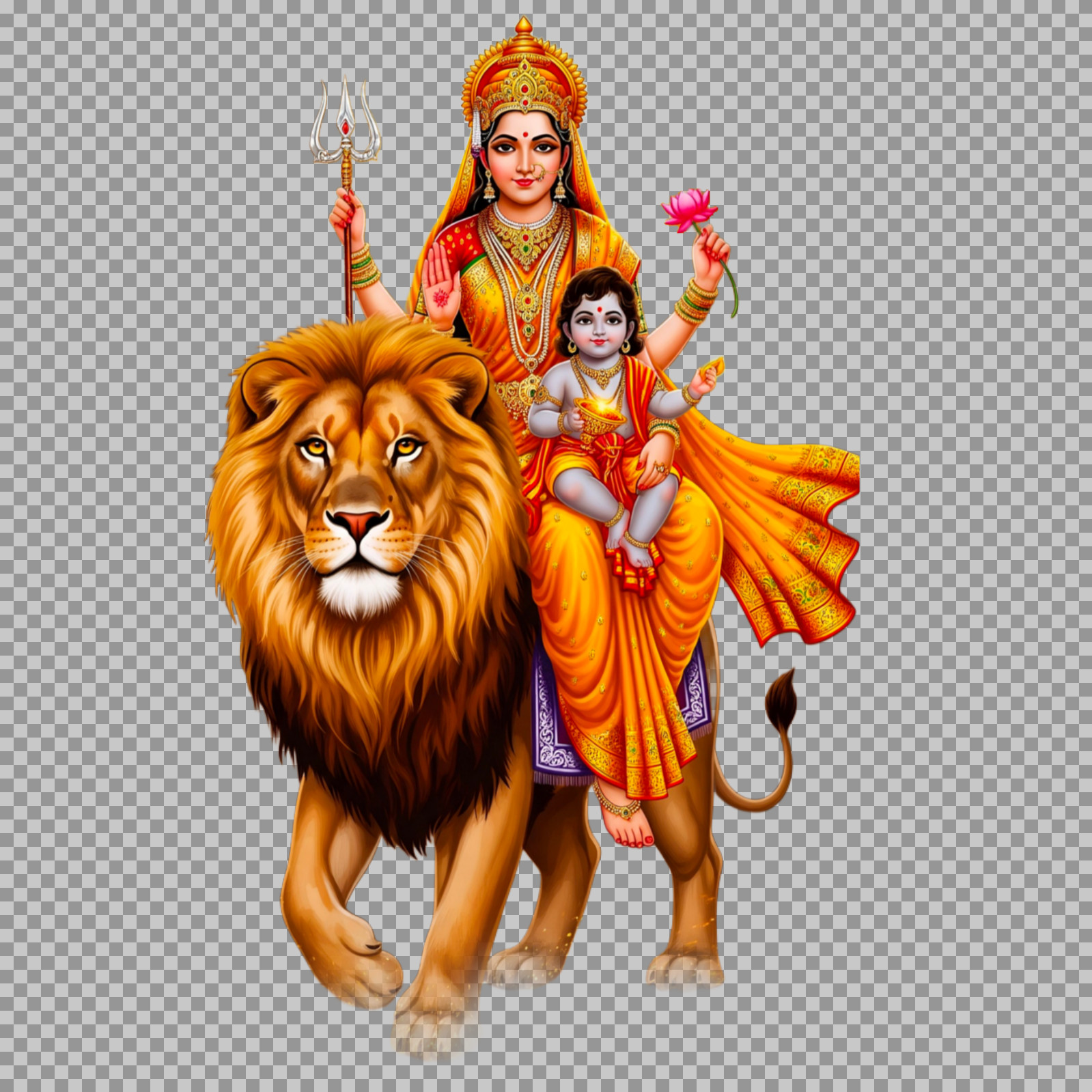 Skandamata PNG Image | Divine Mother Durga with Son on Lion