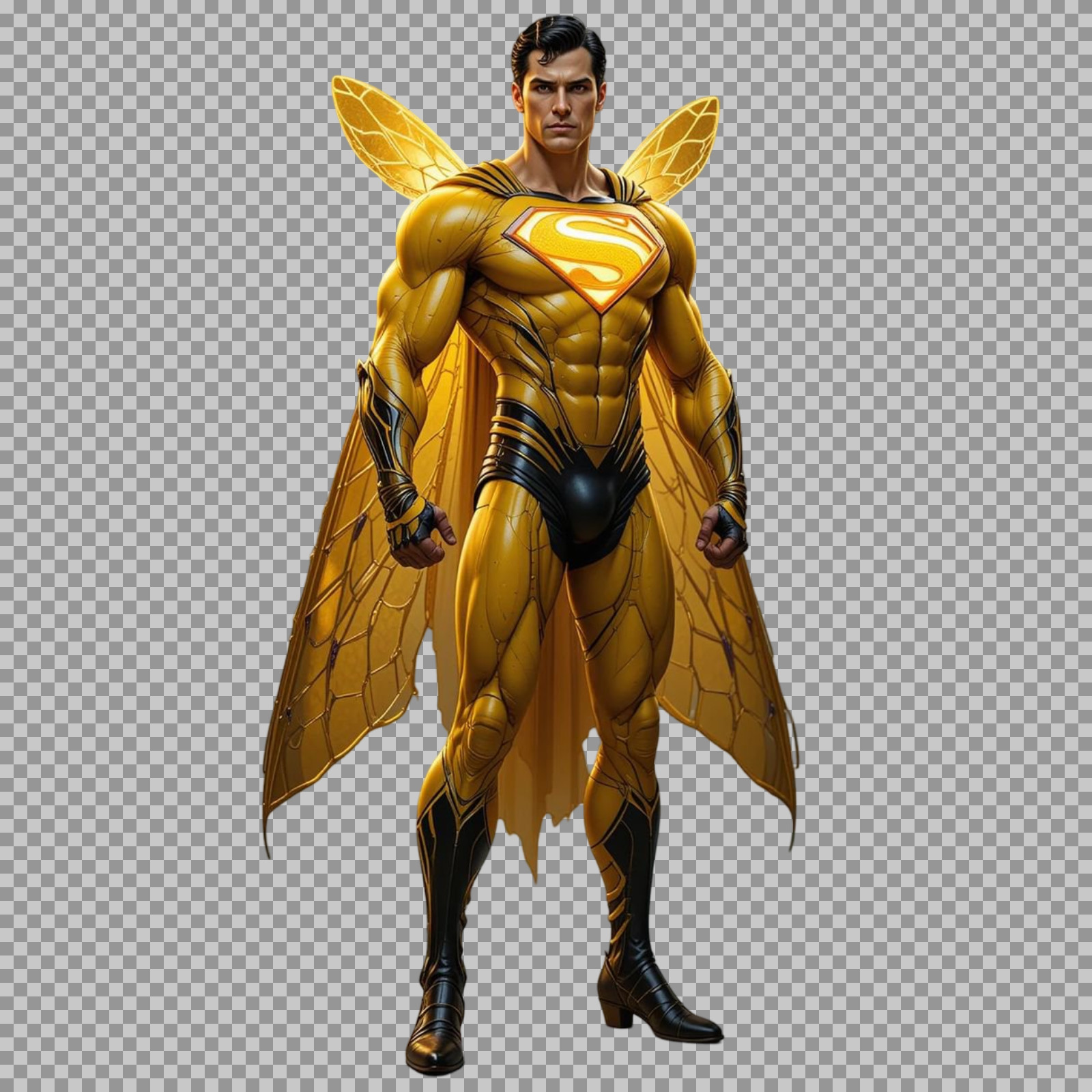Bee-Themed Superman with Wings PNG | Superhero Concept Art
