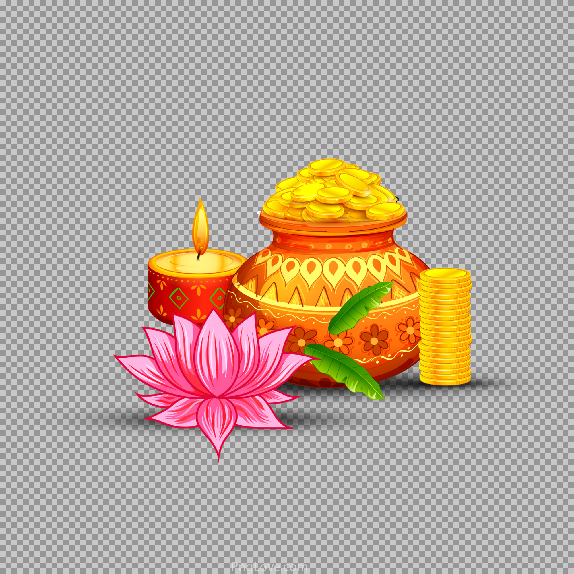 Lakshmi Puja PNG with Gold Coins & Diya | Free Download