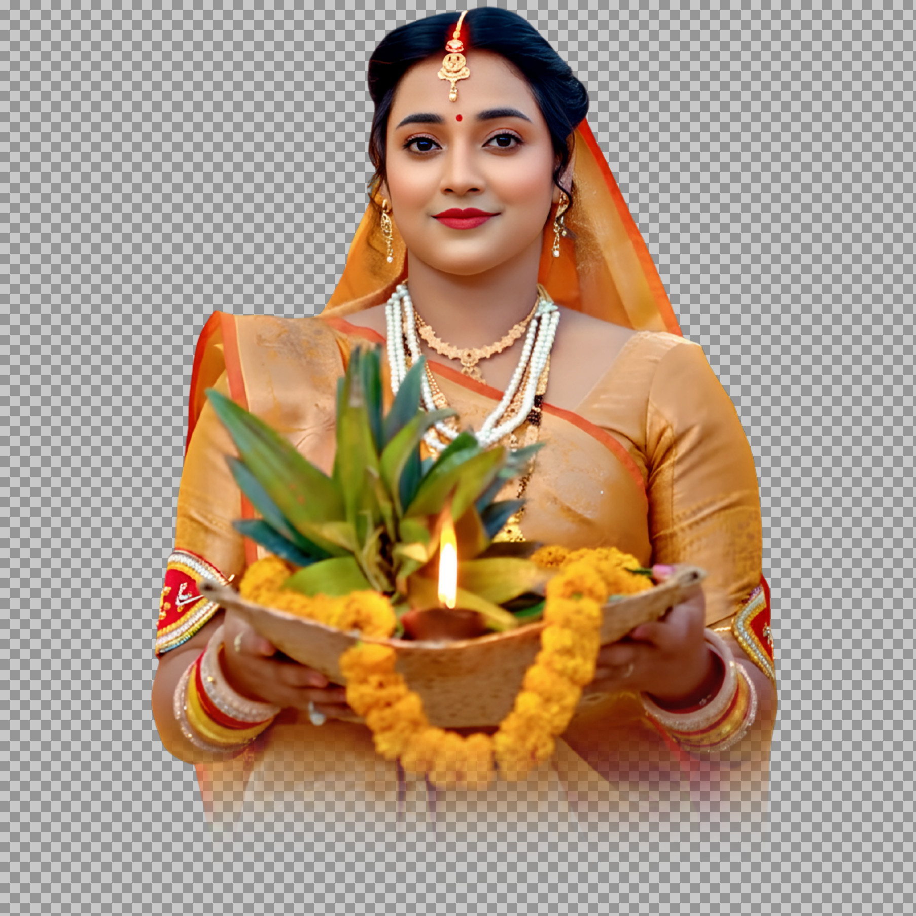 Woman Doing Chhath Puja PNG | Indian Devotee Image