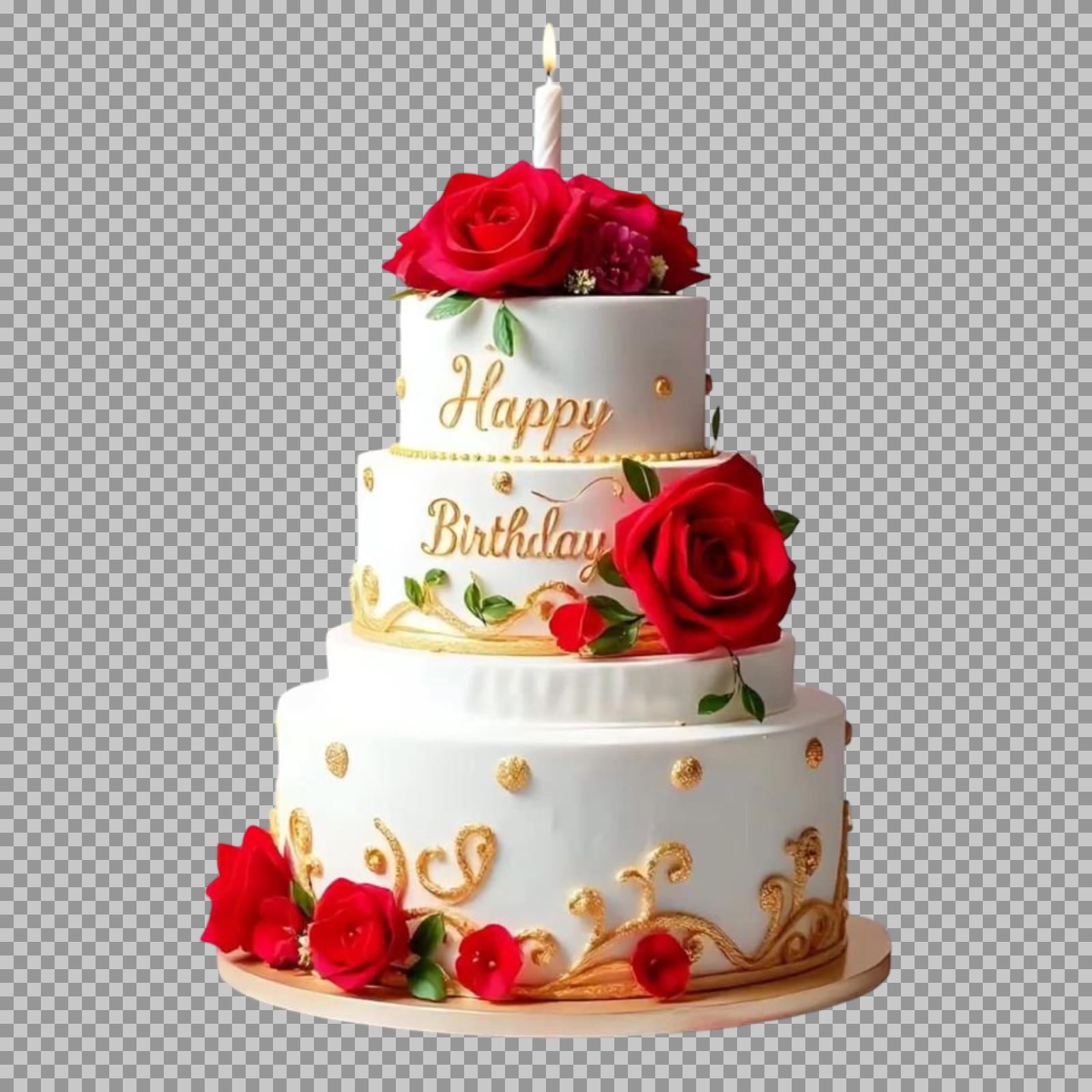 Elegant 3-Tier Birthday Cake with Red Roses | PNG Image...