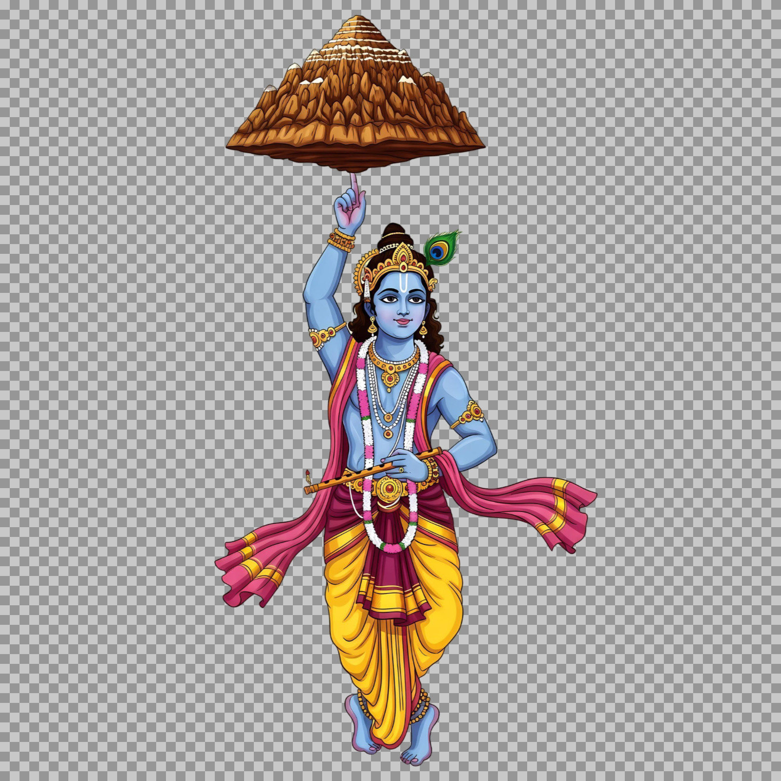 Lord Krishna Lifting Govardhan Hill PNG | Hindu Deity Art