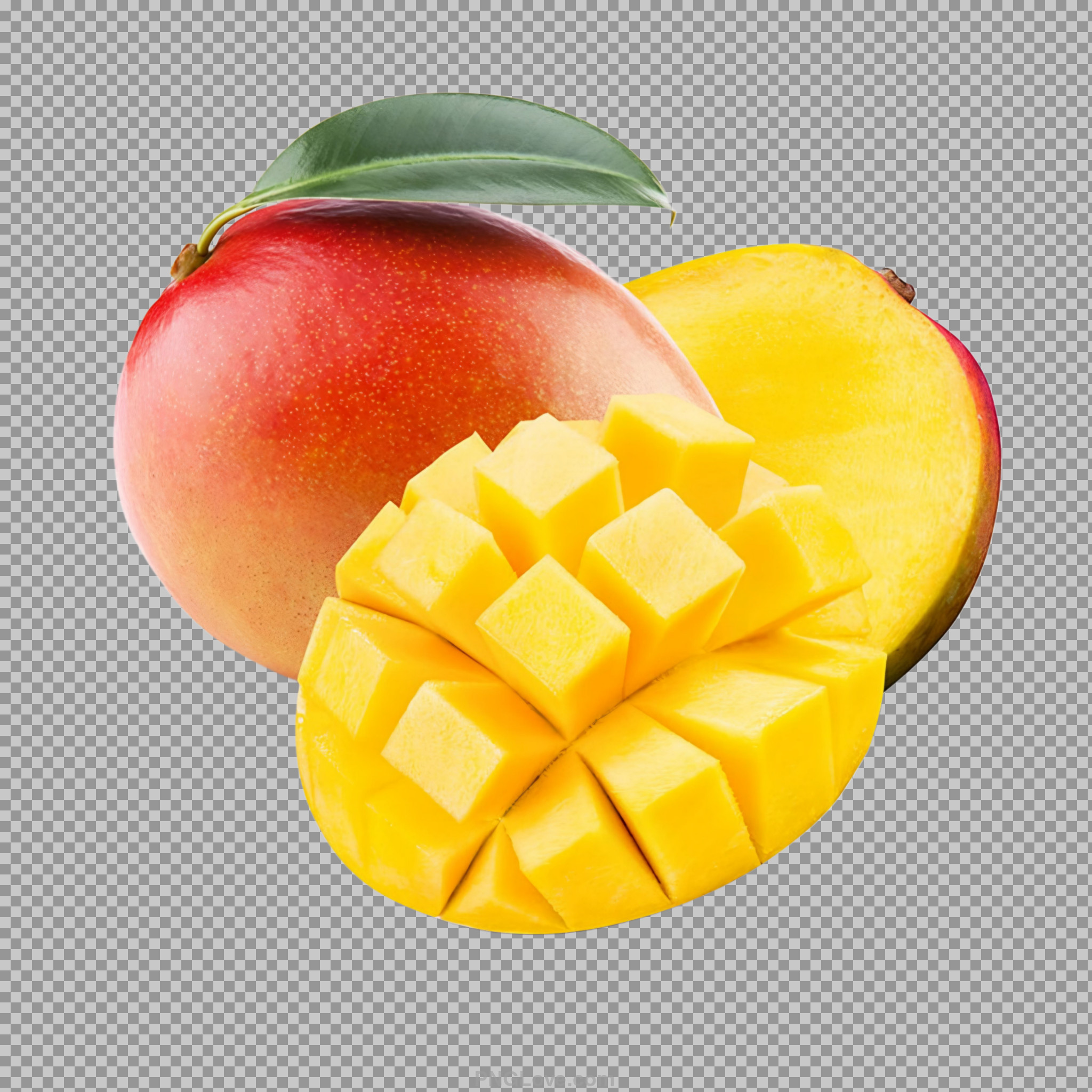 Set mango fruit and sliced with leaves PNG transparent images