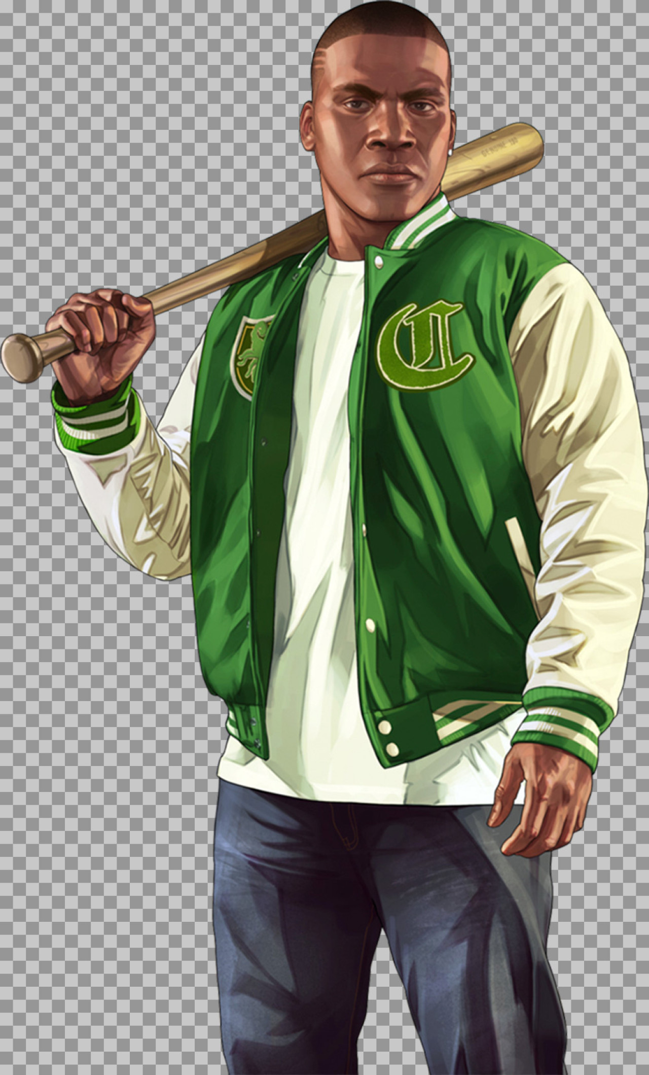 Franklin Clinton GTA V PNG | Green Letterman Jacket Character Art