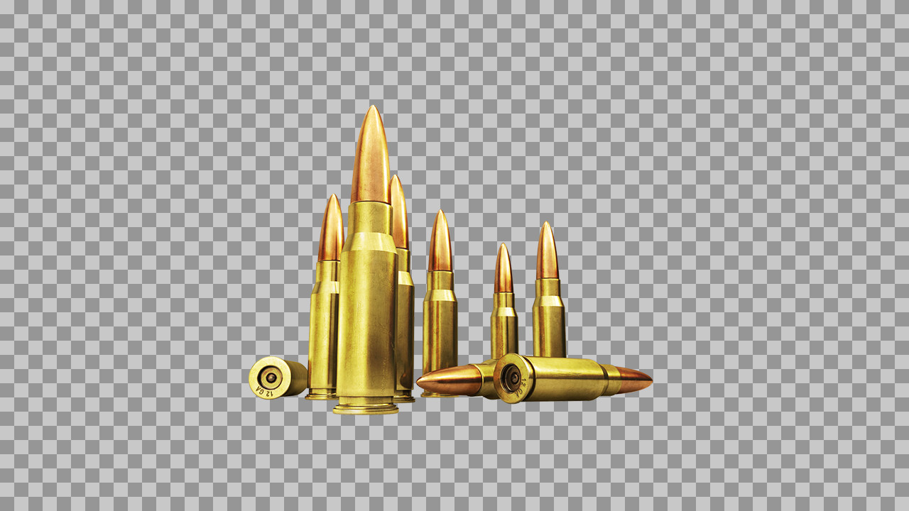 Realistic Rifle Bullets Group PNG | 3D Brass Ammunition Collection