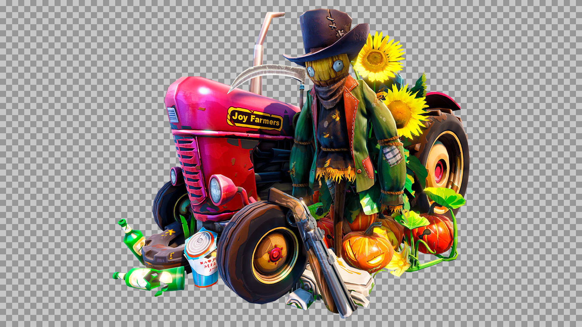 Stylized Red Tractor & Scarecrow PNG - Transparent 3D Farm Asset...