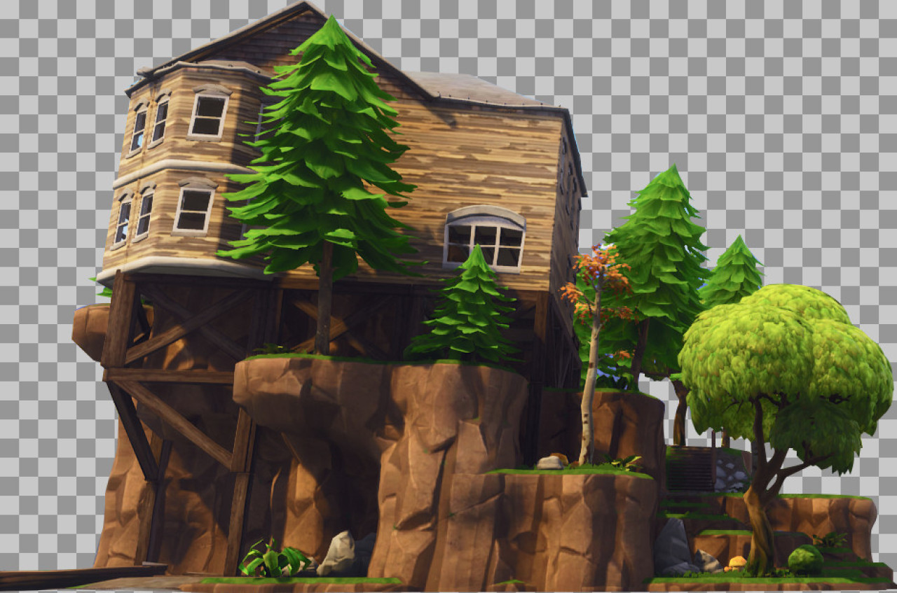 Stylized Wooden House on Cliff PNG | 3D Game Art Building