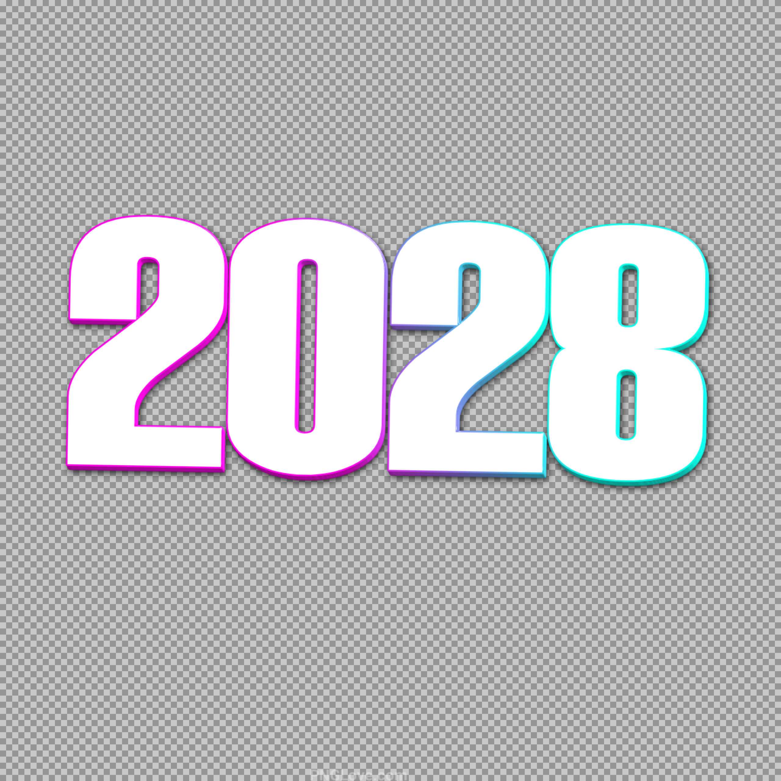 Stylish 2028 3D Text PNG with Neon Effect | Free Download