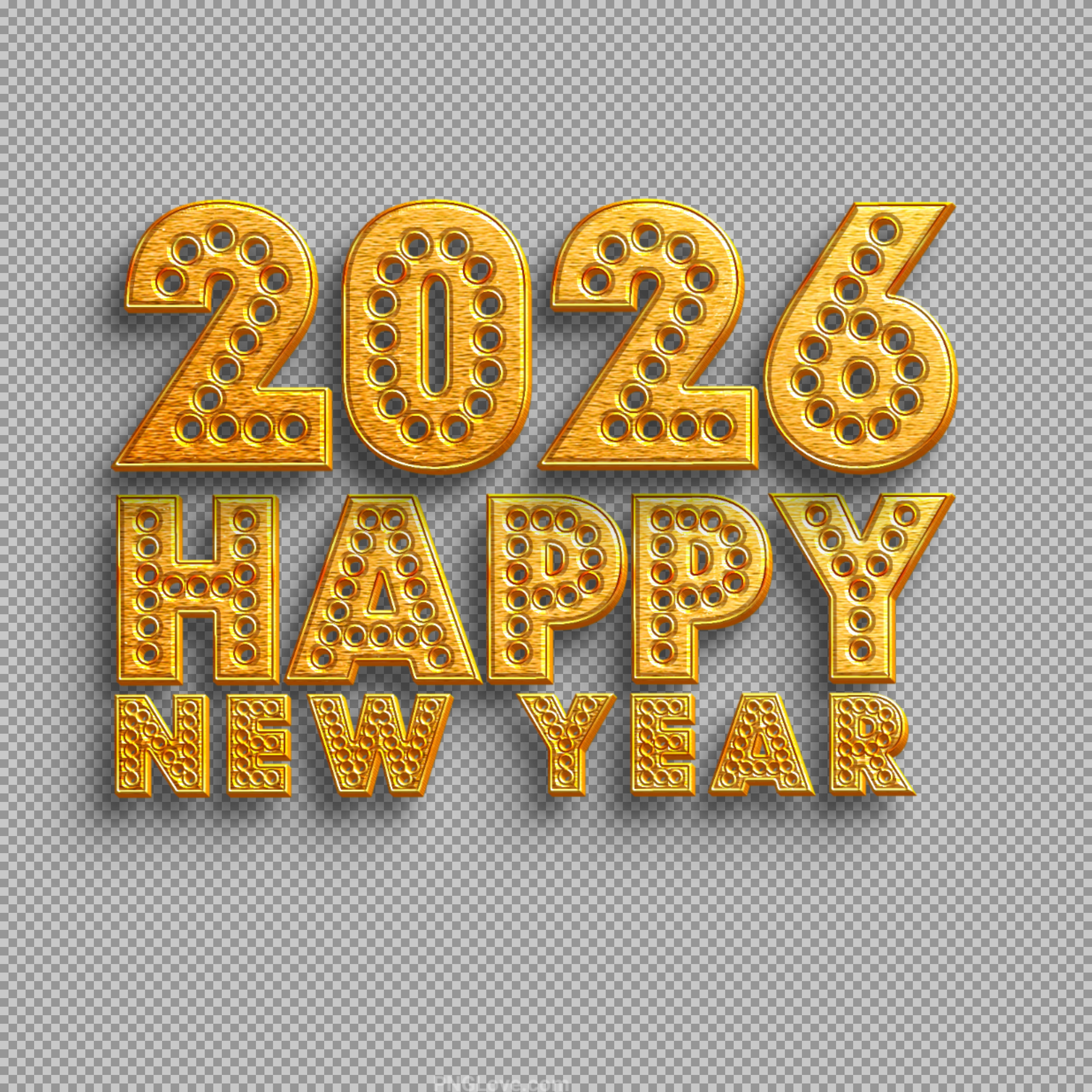 2026 Happy New Year Gold Text PNG – Shiny Marquee Design