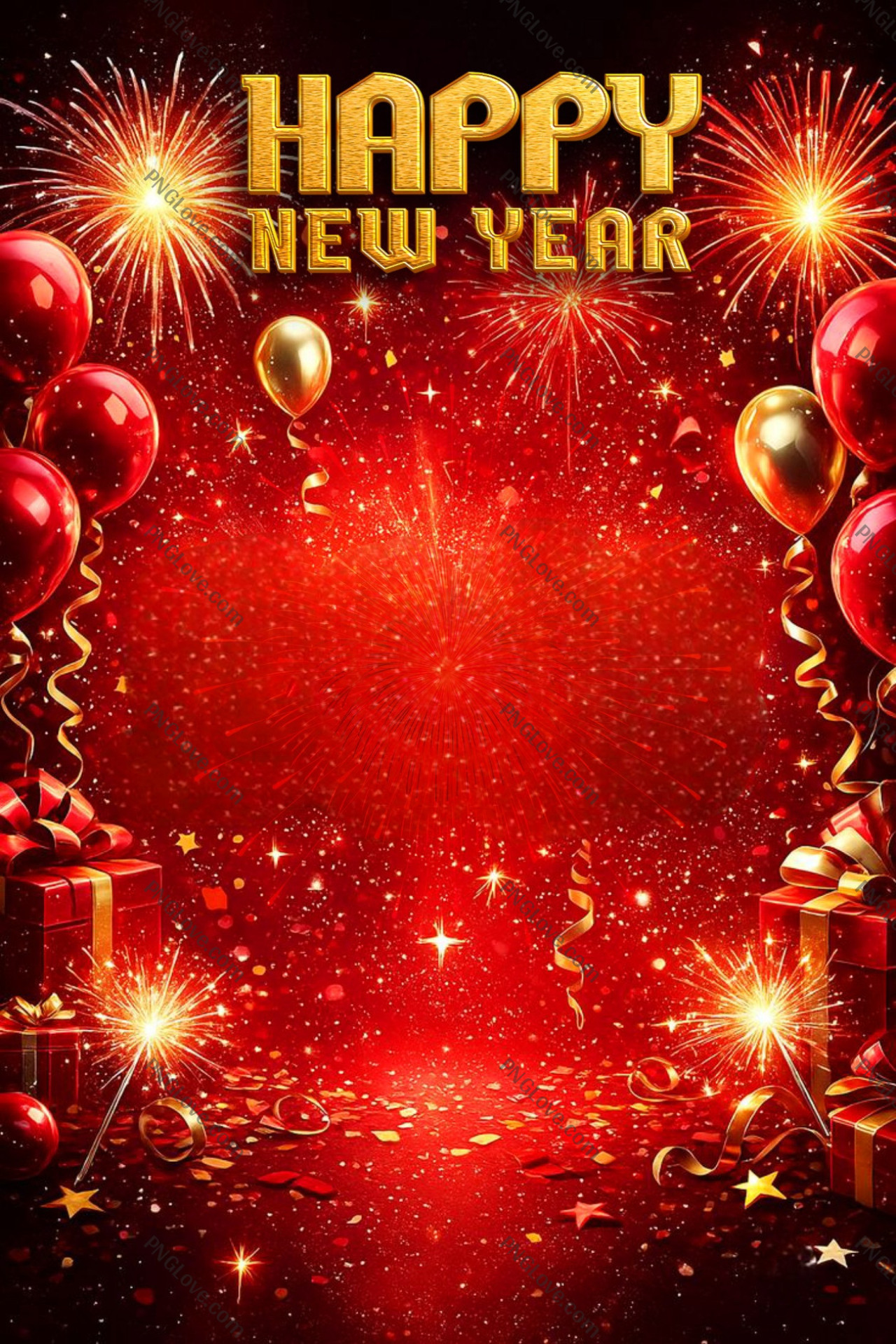 Happy New Year Red Background – Fireworks, Balloons & Gifts