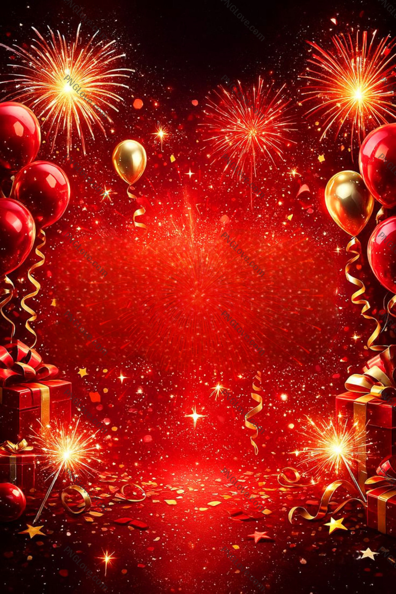 Festive Red New Year Background with Fireworks & Party Elements