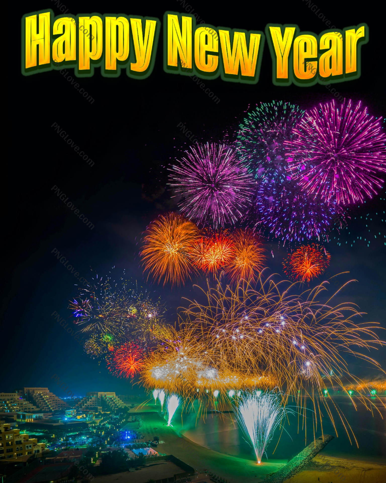 Happy New Year Fireworks Background | Festive Coastal City Night...