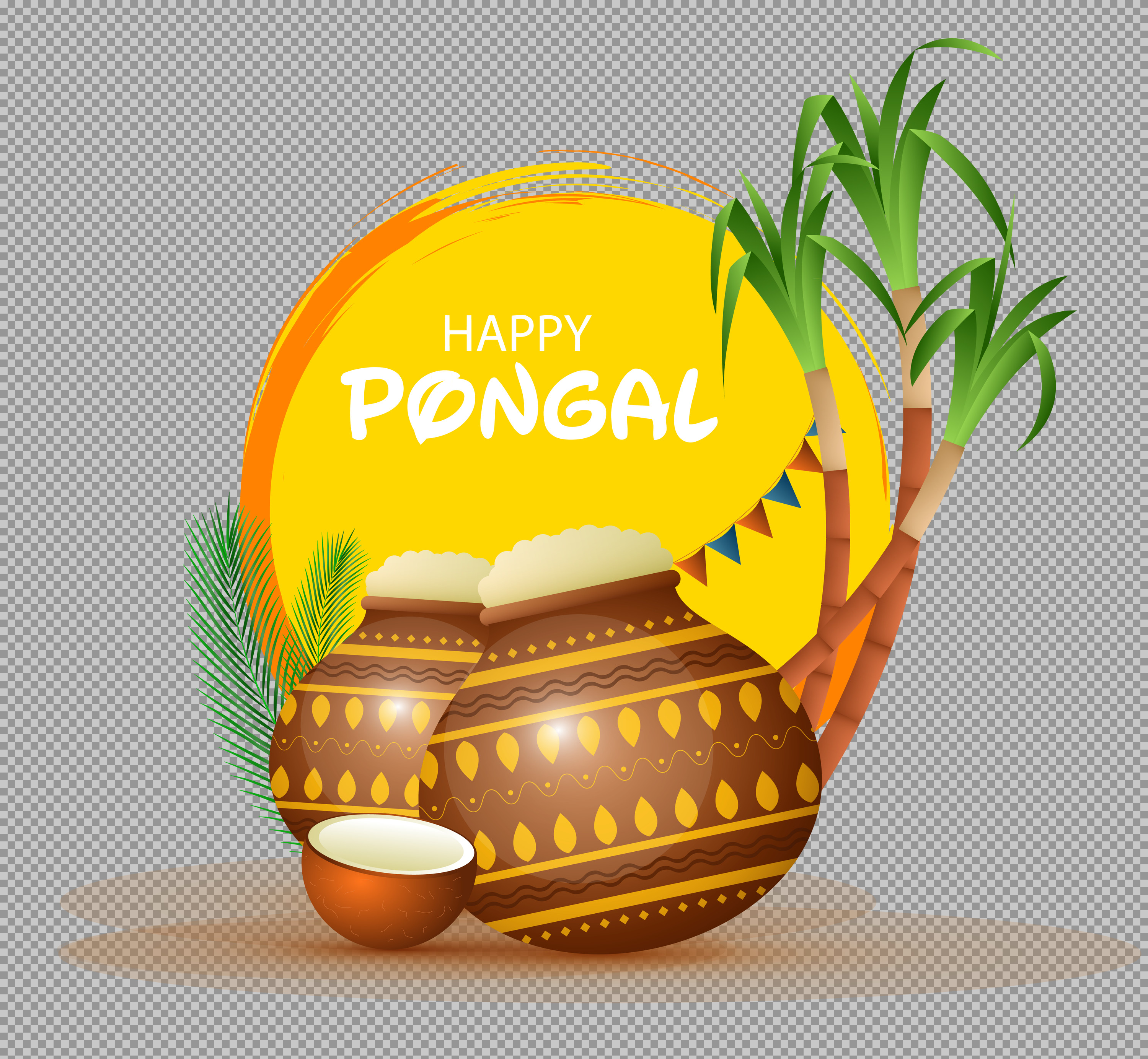 Happy Pongal PNG | Traditional Pots & Sugarcane Festival Illustration...