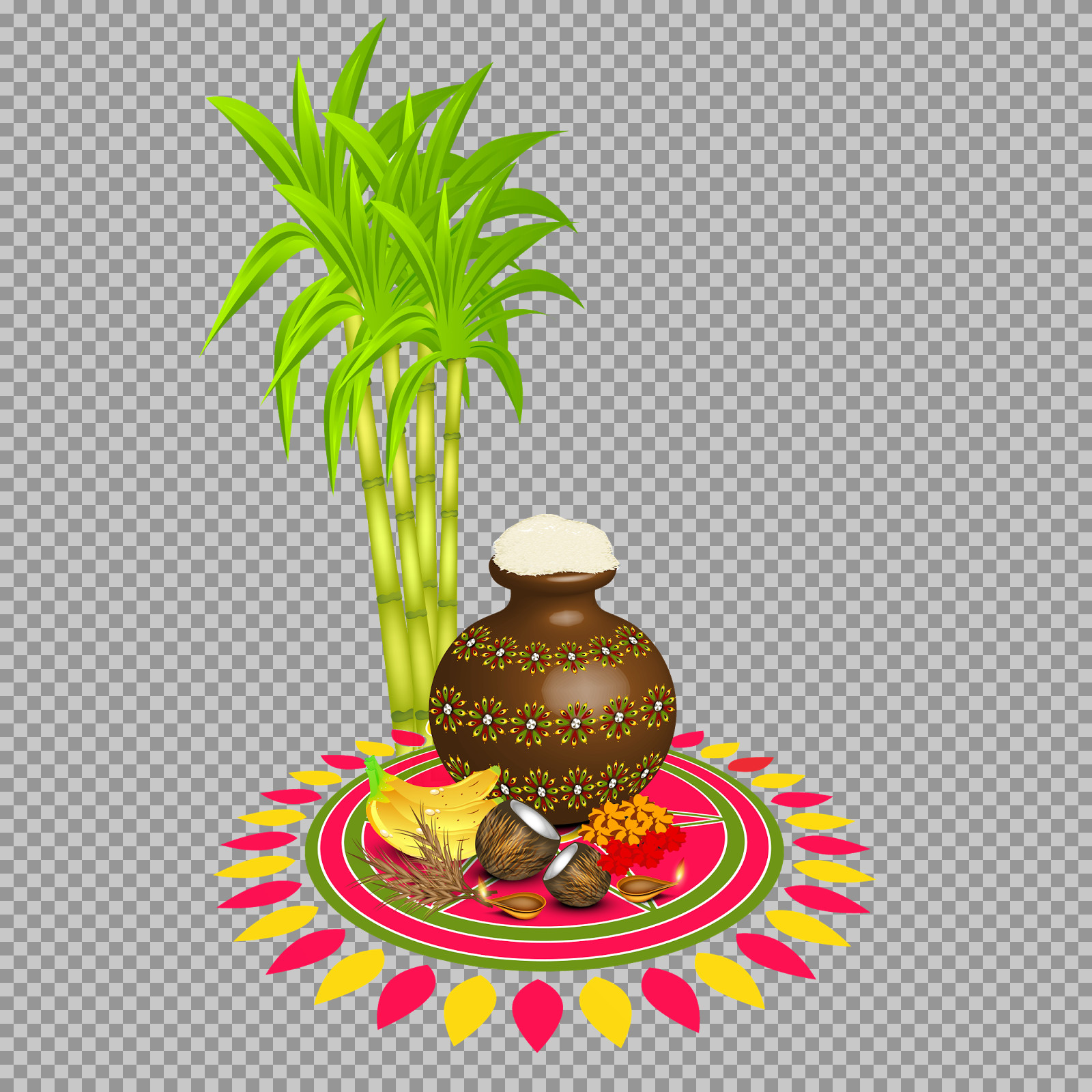 Happy Pongal PNG Clipart - Pot, Sugarcane & Rangoli Vector...