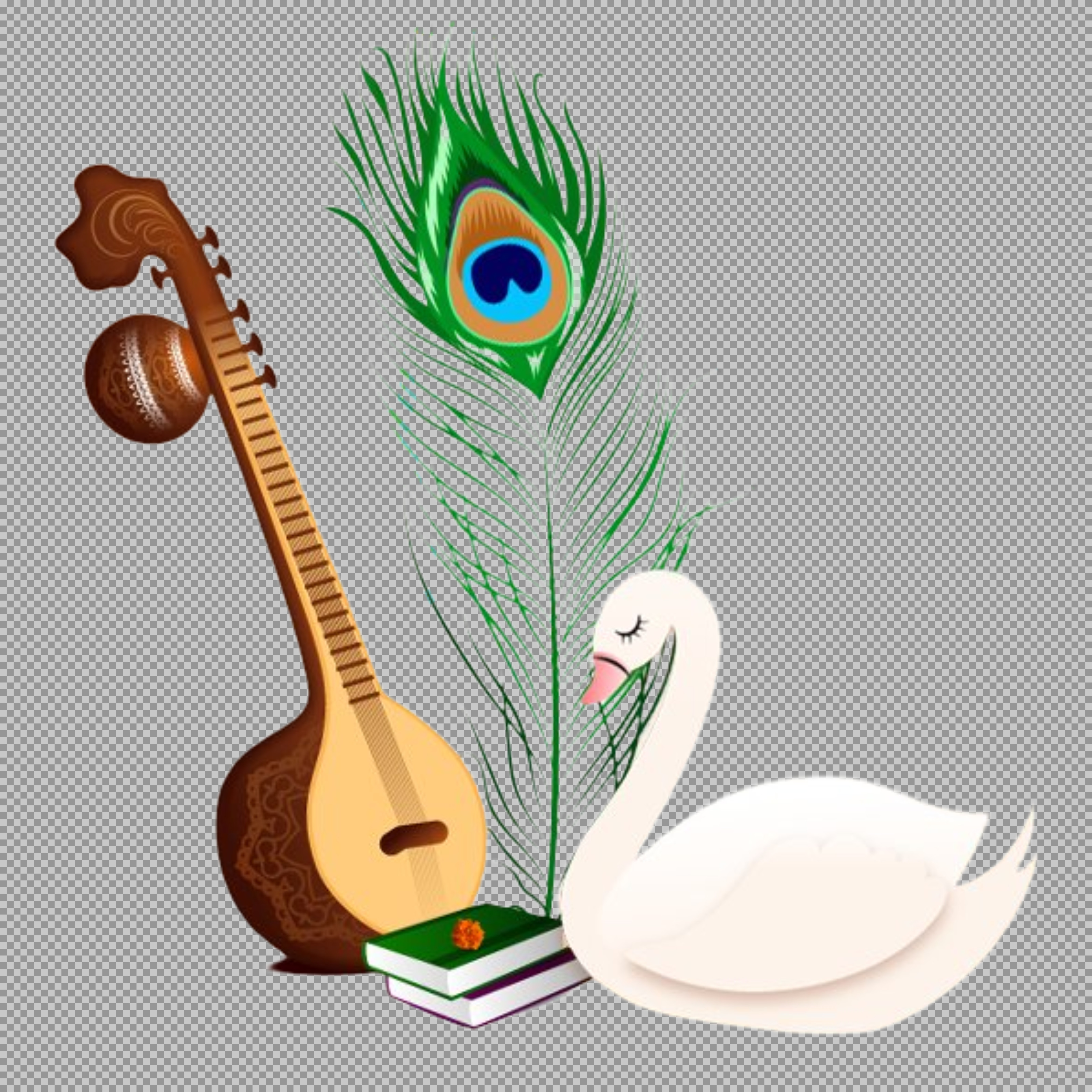 Saraswati Divine Symbols: Veena, Swan, Books & Feather PNG