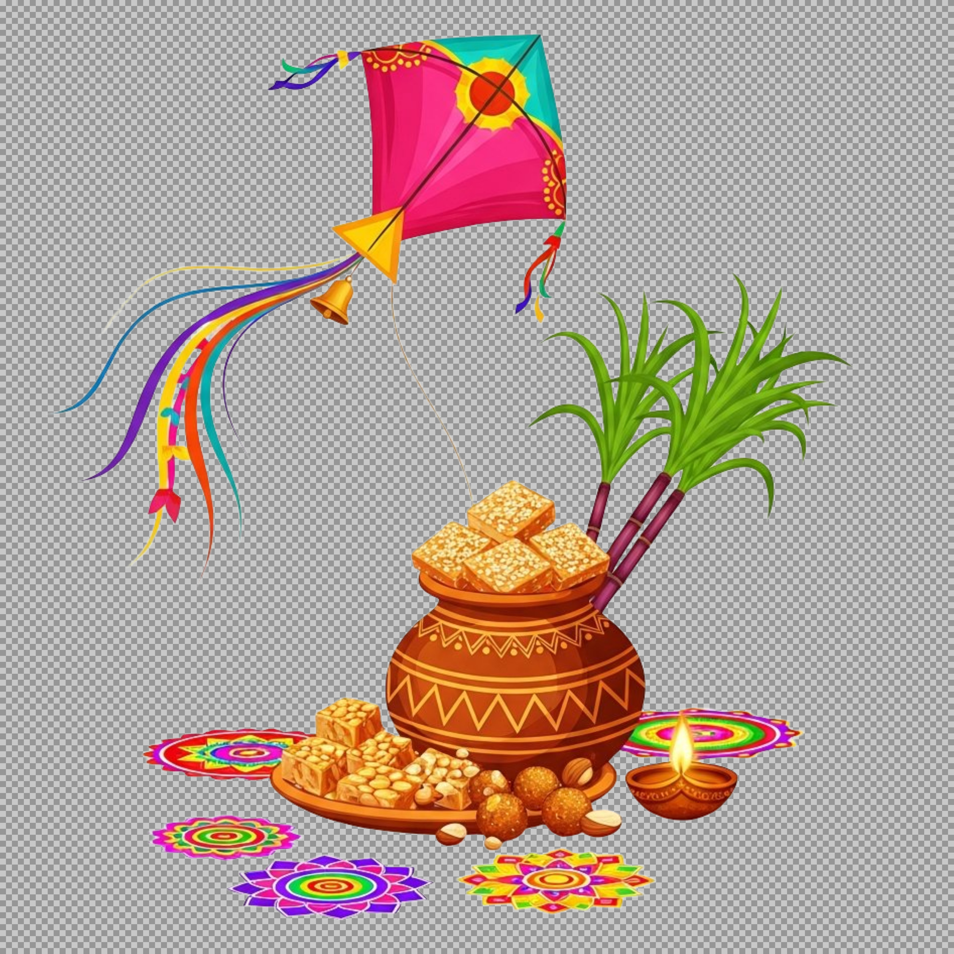 Makar Sankranti & Pongal PNG | Kite, Sugarcane & Sweets Illustration