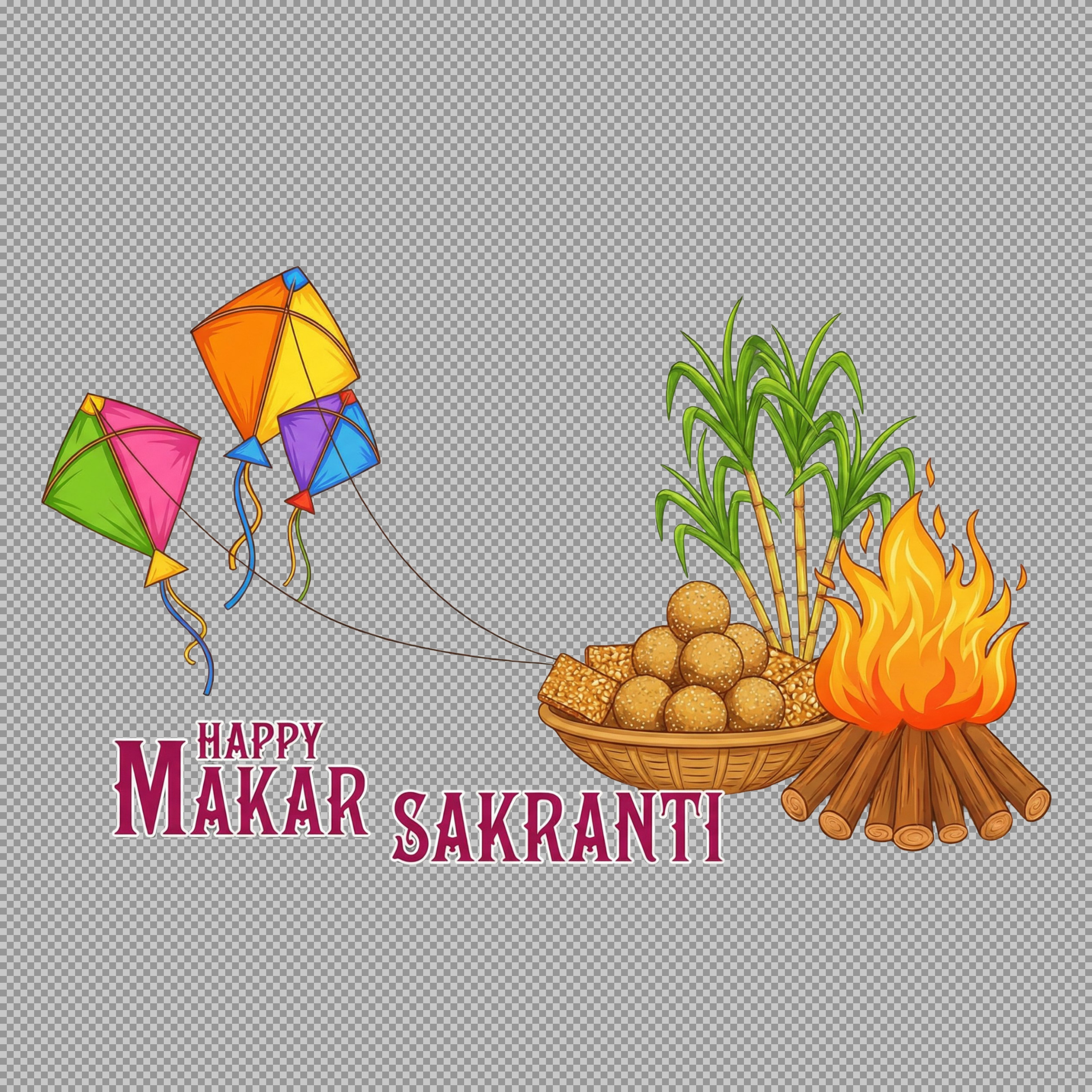 Happy Makar Sankranti PNG Image - Kites, Sweets & Bonfire Vector | Free Download