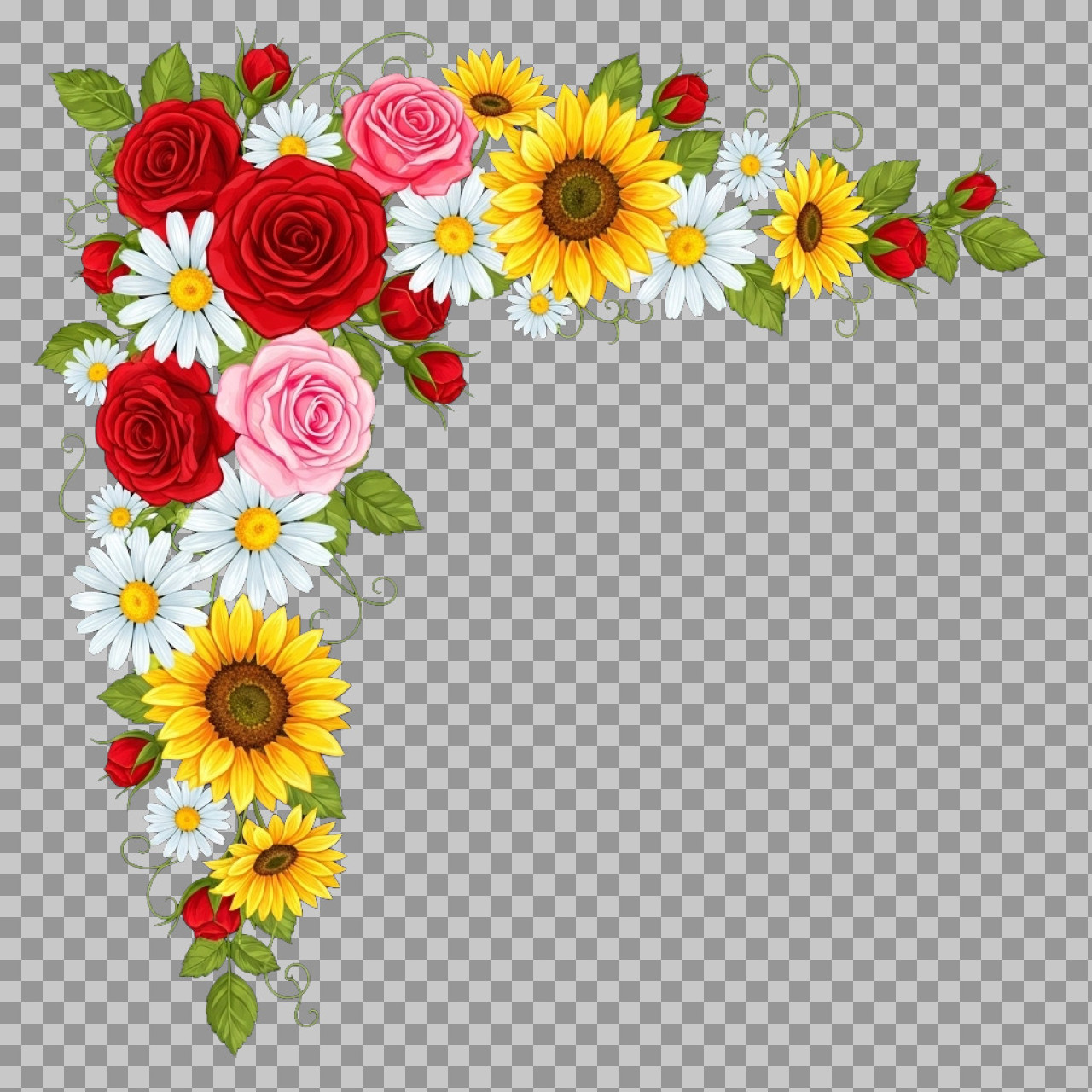 Floral Corner Border PNG - Red Roses, Sunflowers & Daisies Clipart