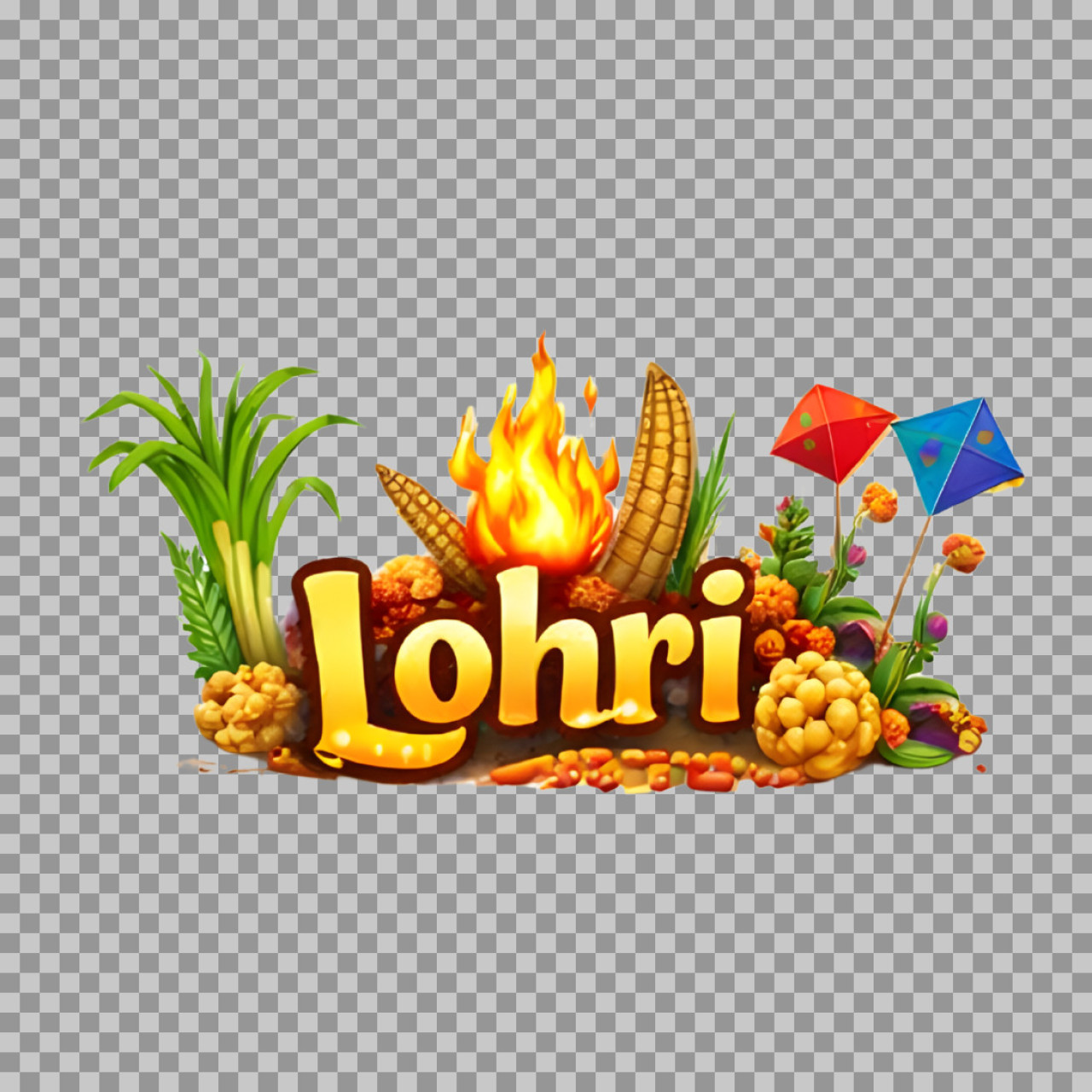 Happy Lohri Typography PNG | Bonfire & Kites Festival Clipart