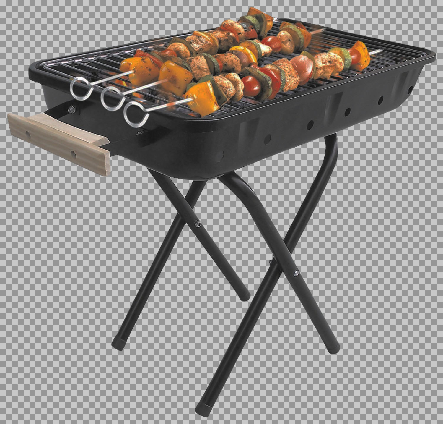 Portable Charcoal BBQ Grill with Kebabs PNG Image...