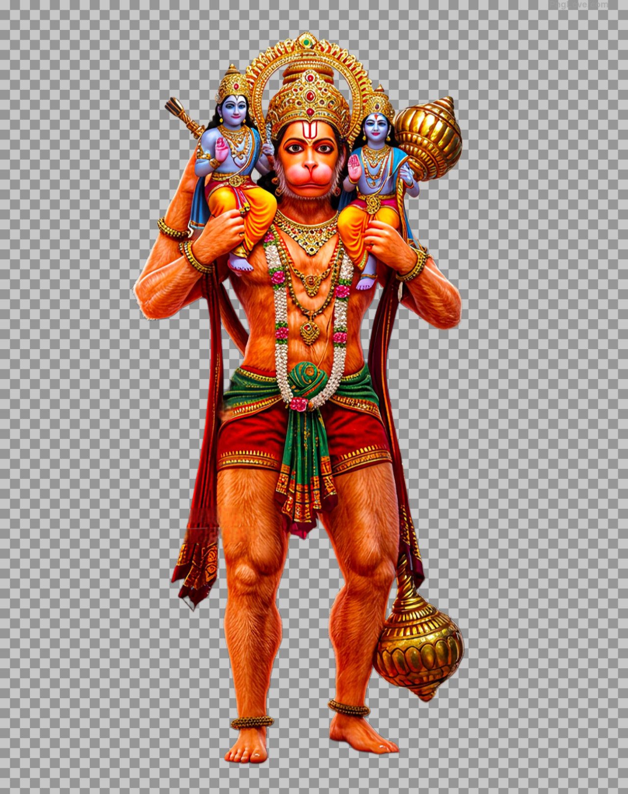 Lord Hanuman carrying Luv Kush on his shoulders PNG image download