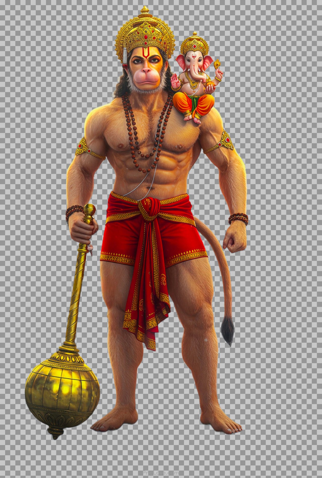 Hanuman with Lord Ganesha sitting on his shoulders PNG image