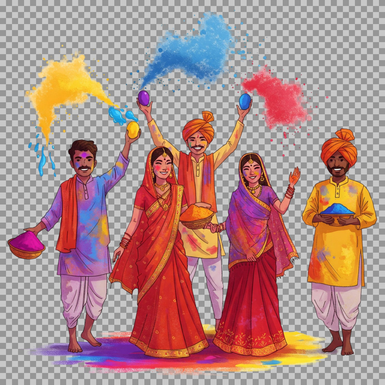 Group of People Celebrating Holi Festival PNG Illustration