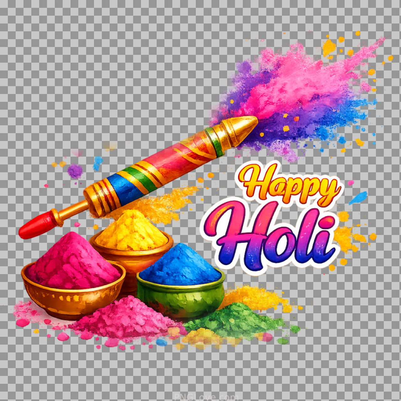 Happy Holi PNG with Colorful Pichkari and Gulal