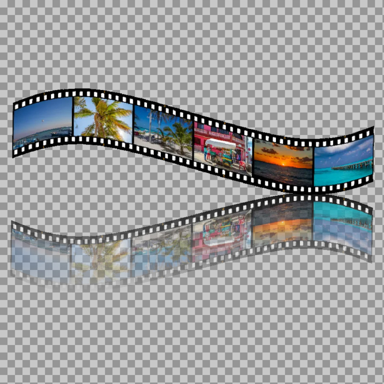 Wavy Film Strip PNG with Travel Photos | Reflection Effect