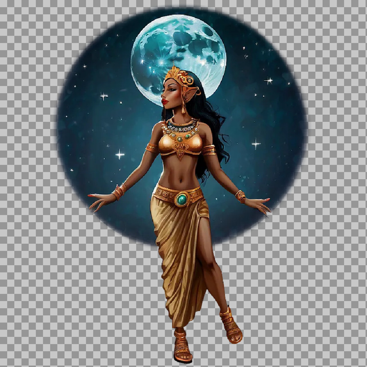 Dark Skin Fantasy Elf & Moon PNG | Celestial Goddess Art