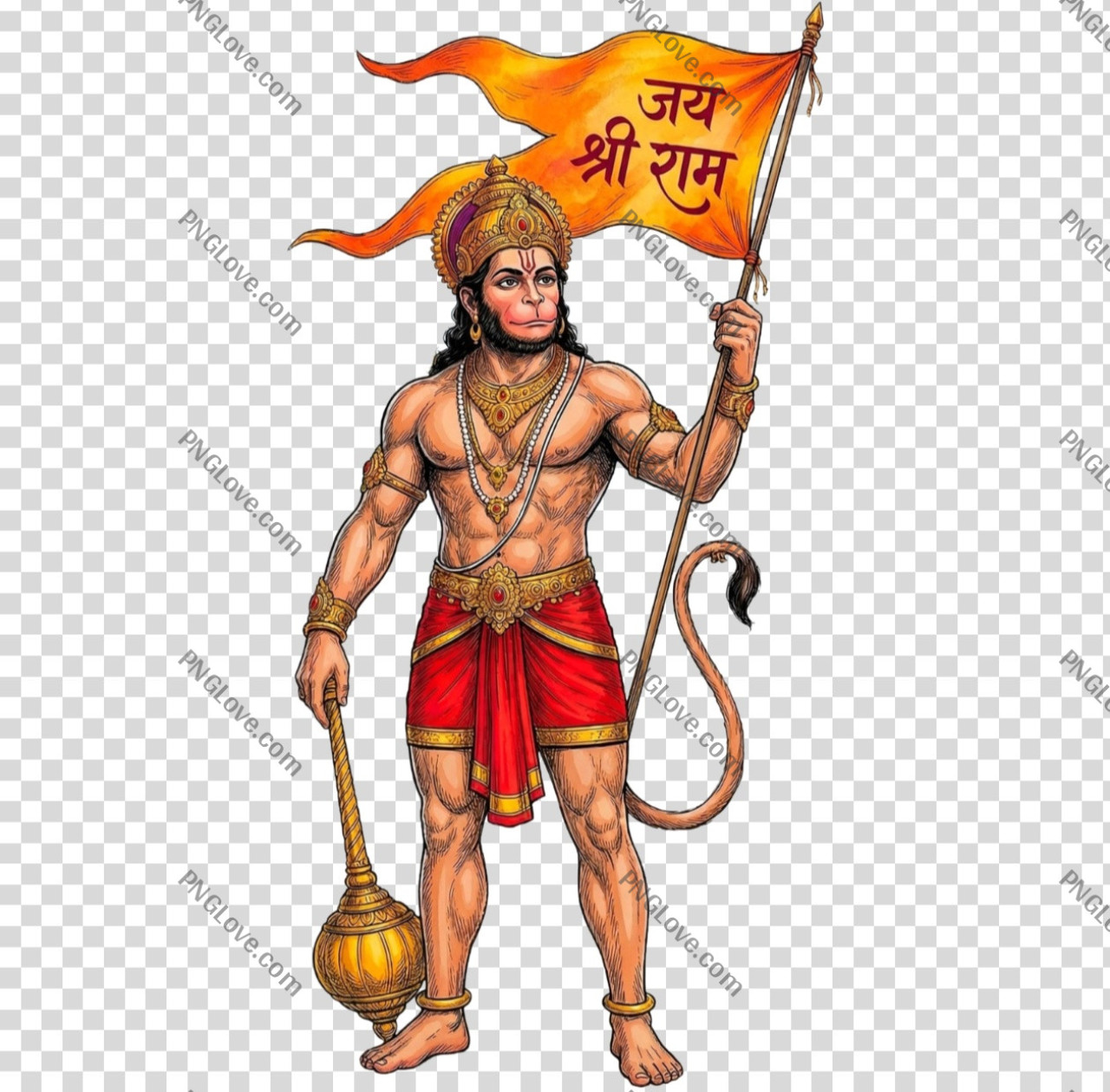 Lord Hanuman with Jai Shri Ram Flag & Gada PNG Transparent Image Download