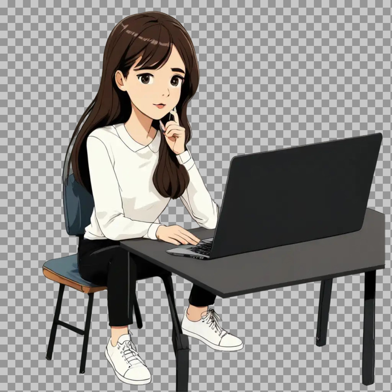 Anime Woman Working on Laptop PNG | Free Illustration...
