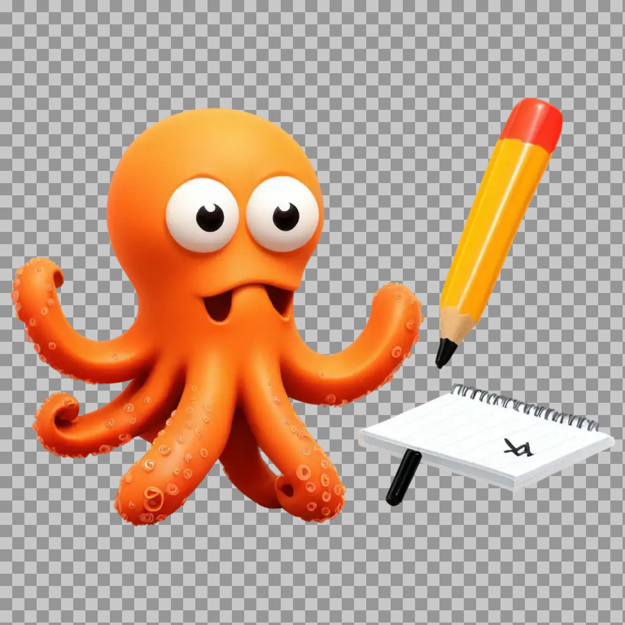 Cute Cartoon Octopus PNG | Orange Octopus with Pencil & Notepad Transparent Image...