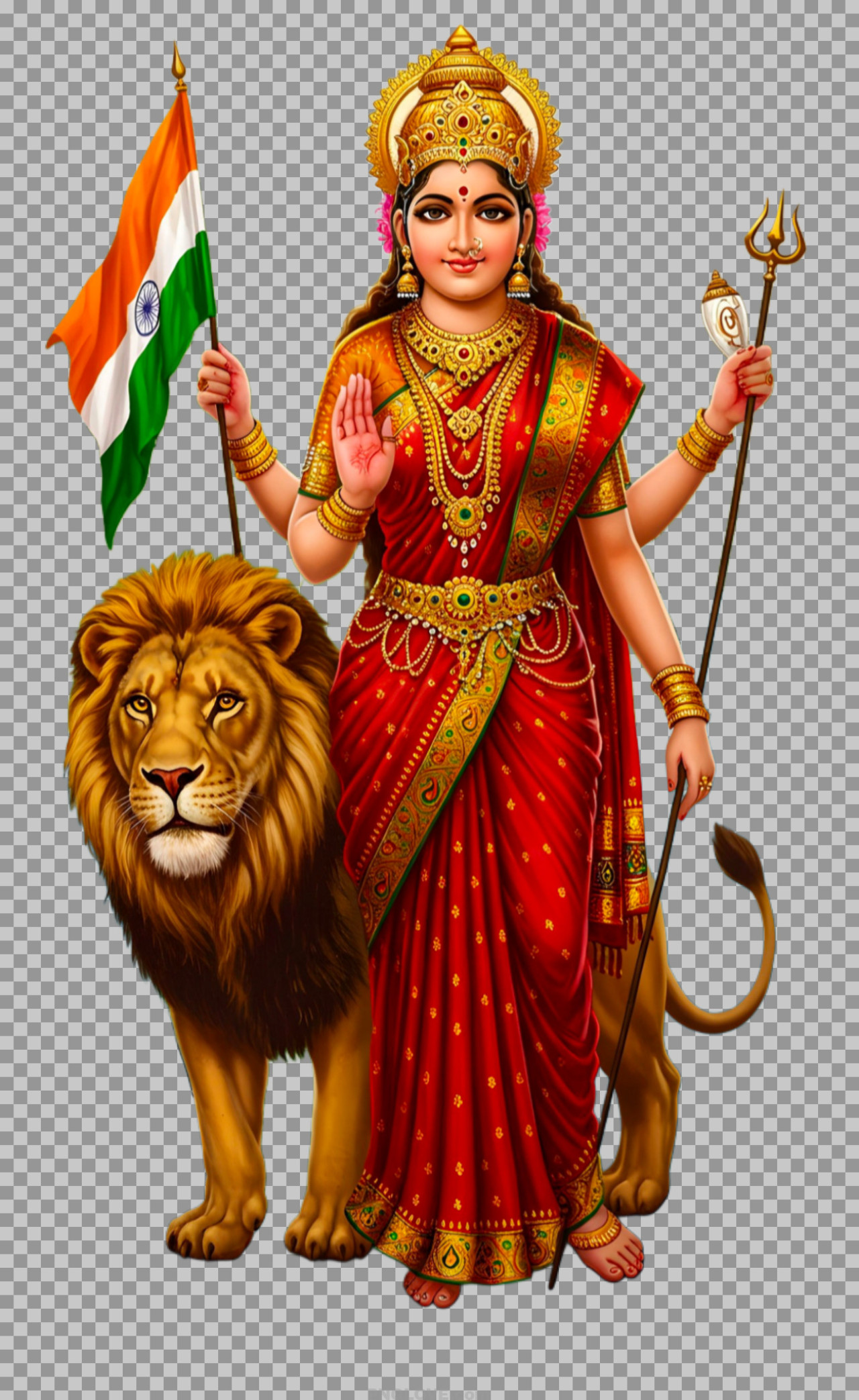 Bharat Mata PNG Image with Trishul, Indian Flag & Lion – HD Transparent Background...