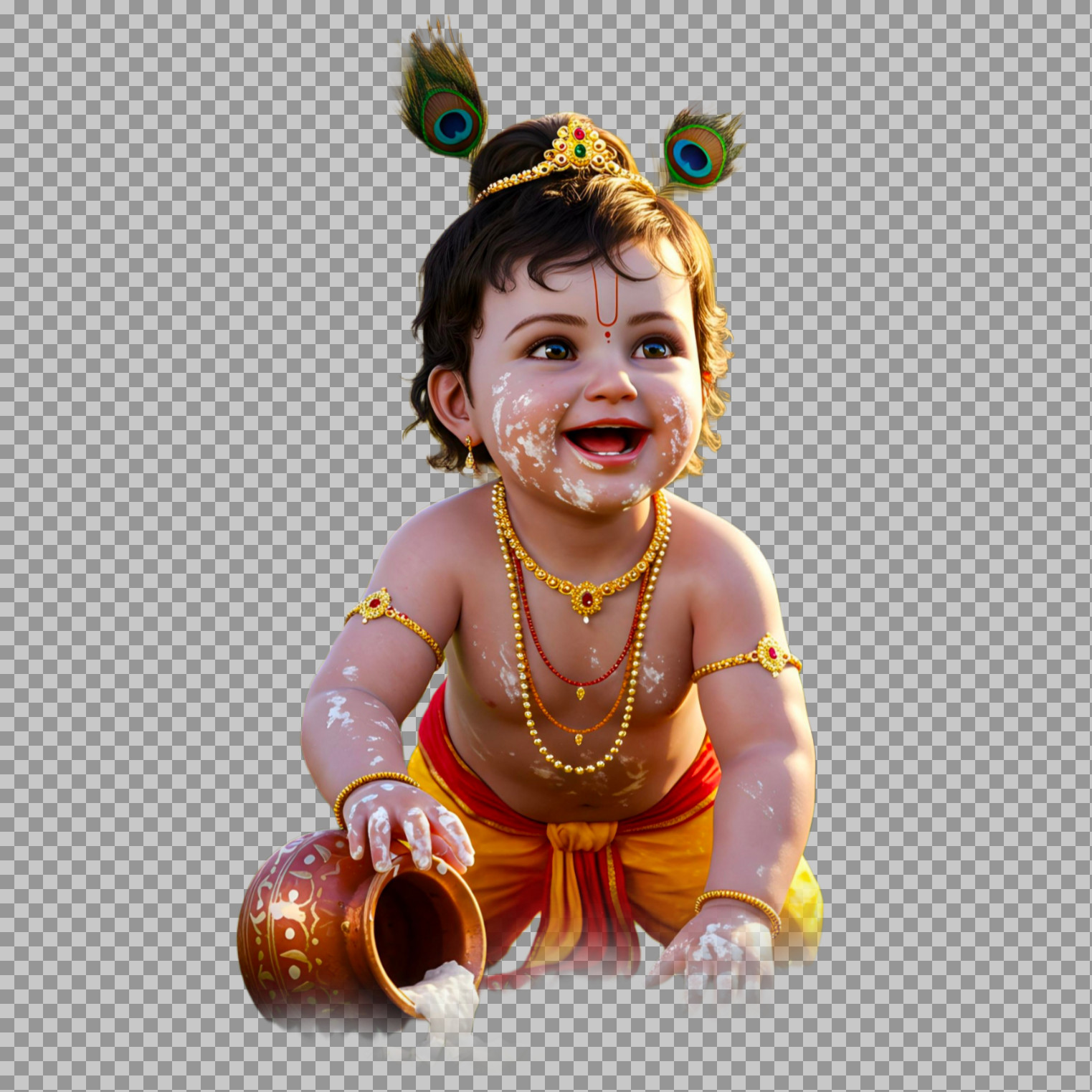 Playful Bal Krishna (Makhan Chor) with Spilled Milk Pot PNG