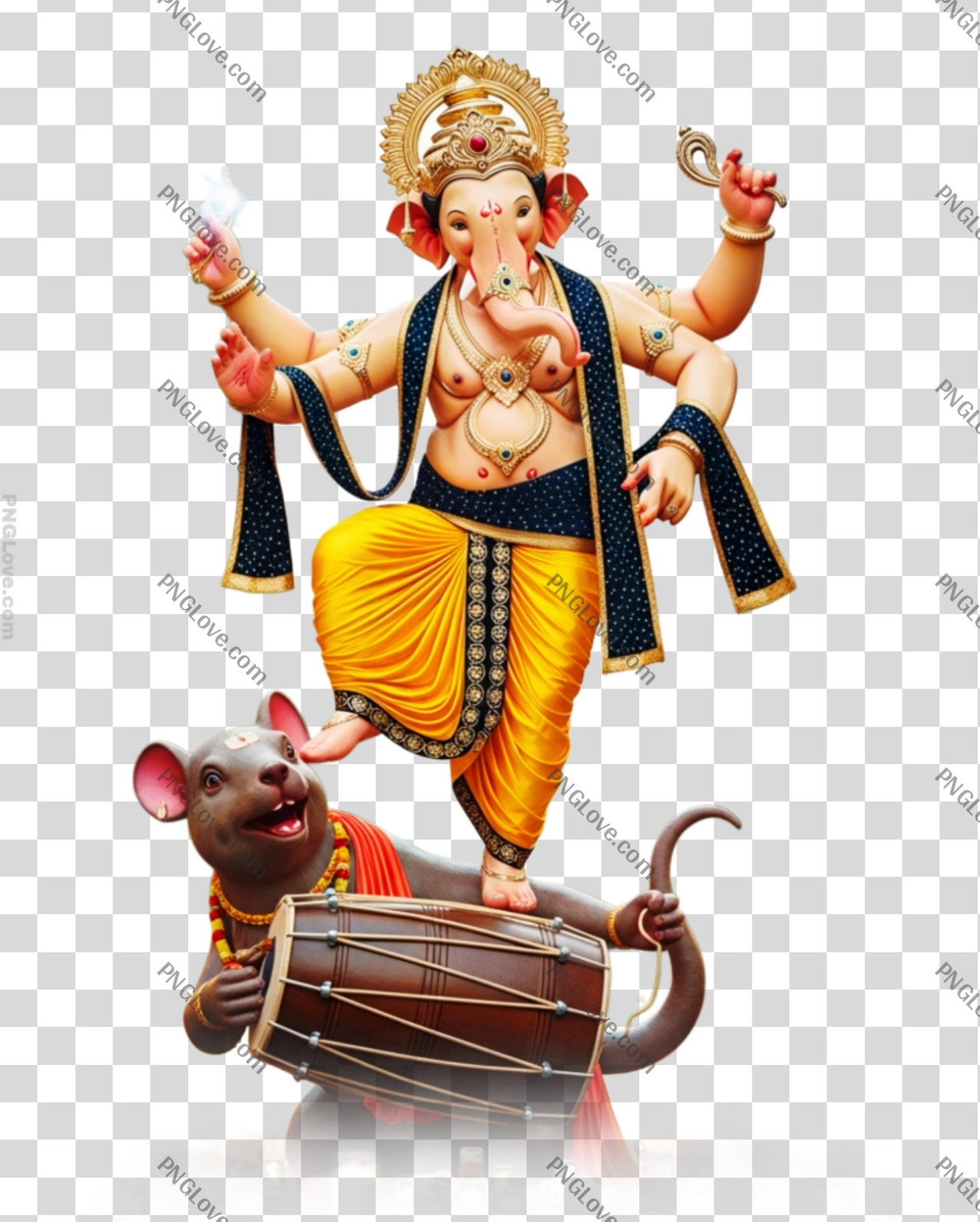 Dancing Ganesha with Mushika Playing Dhol PNG